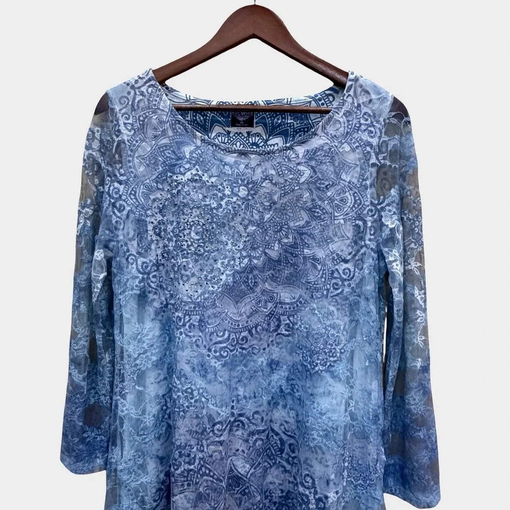 Cal Style Blue Mesh Mandala Embellished Tunic Top Medium Mermaid Fairy Boho - Picture 3 of 10